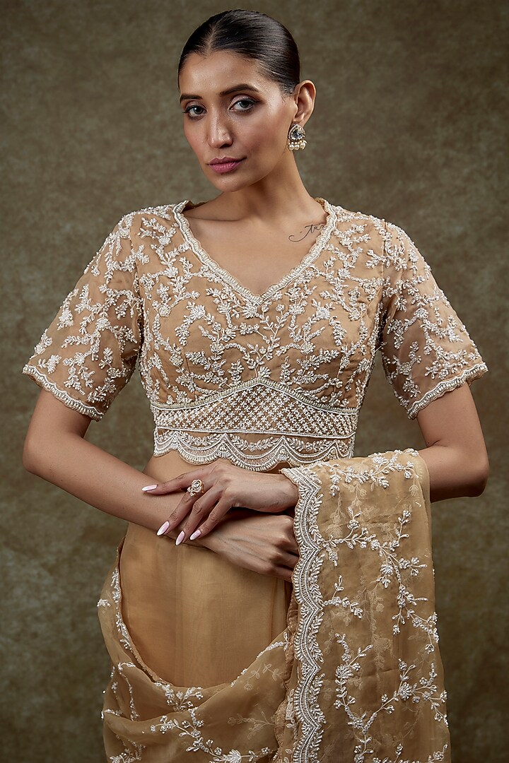 Beige Organza Embroidered Reception Saree Set by COUTURE BY NIHARIKA at Pernia's Pop Up Shop