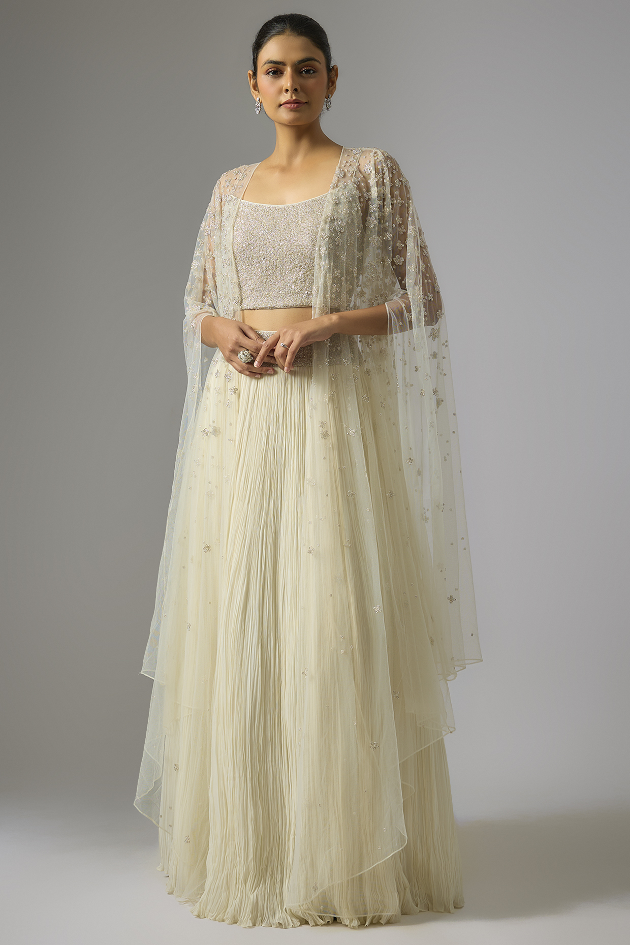Ivory Viscose & Net Jacket Wedding Lehenga Set by COUTURE BY NIHARIKA at Pernia's Pop Up Shop