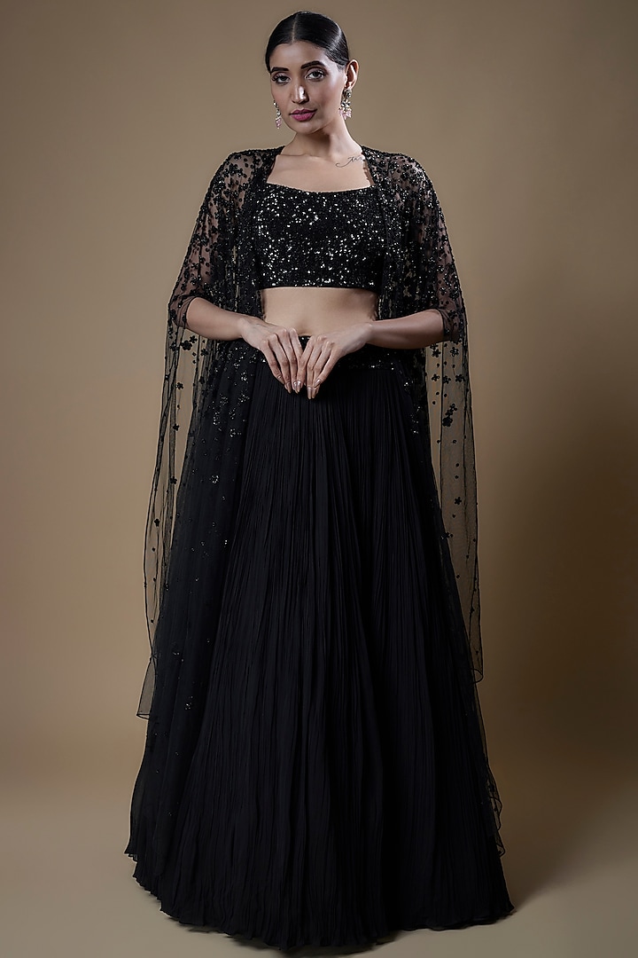Black Viscose Embroidered Lehenga Set by COUTURE BY NIHARIKA