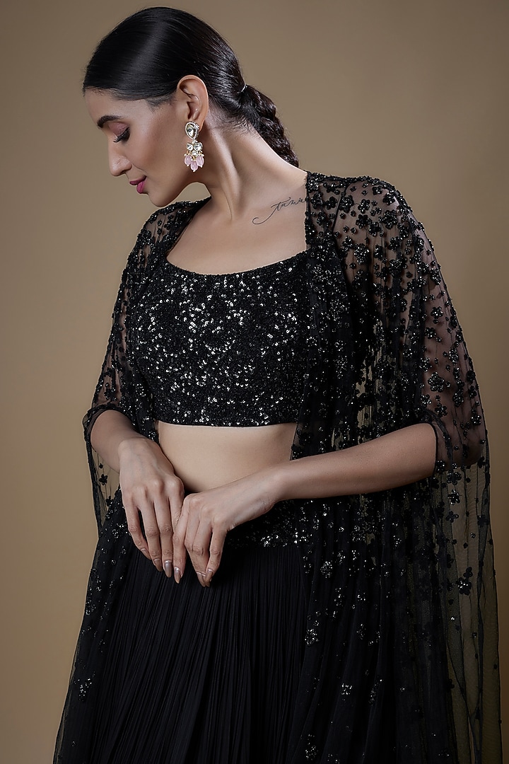 Black Viscose Embroidered Wedding Lehenga Set by COUTURE BY NIHARIKA at Pernia's Pop Up Shop