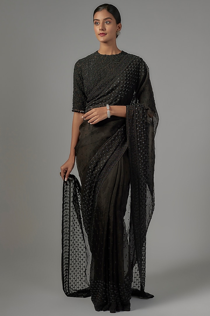 Black Organza Embroidered Reception Saree Set by COUTURE BY NIHARIKA at Pernia's Pop Up Shop