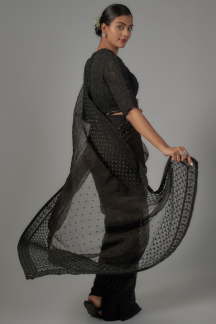 Black Organza Embroidered Reception Saree Set by COUTURE BY NIHARIKA at Pernia's Pop Up Shop