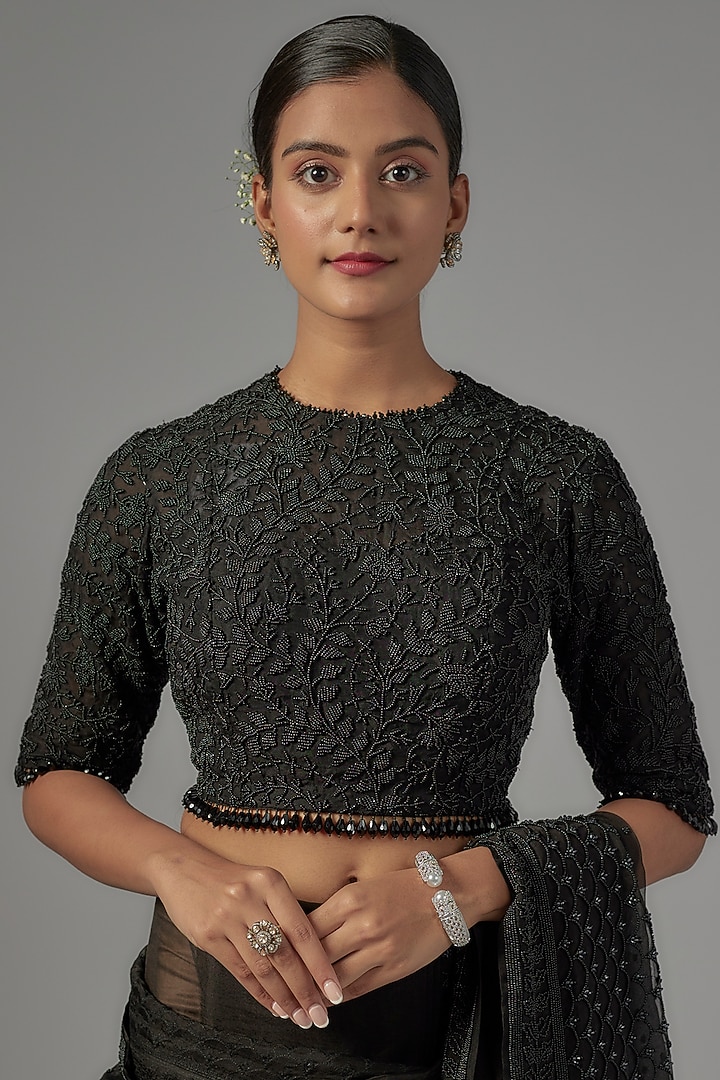 Black Organza Embroidered Reception Saree Set by COUTURE BY NIHARIKA at Pernia's Pop Up Shop