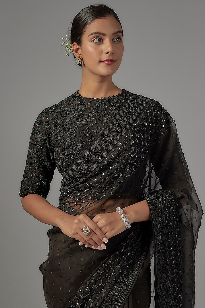 Black Organza Embroidered Reception Saree Set by COUTURE BY NIHARIKA at Pernia's Pop Up Shop