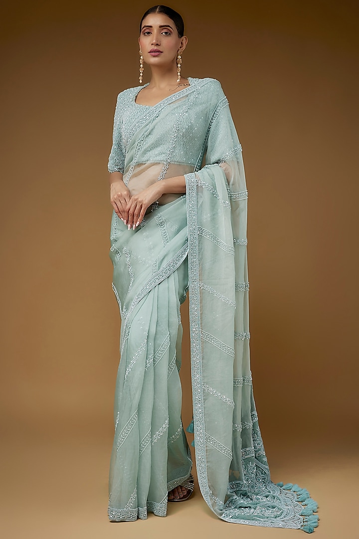 Powder Blue Organza Embroidered Saree Set by COUTURE BY NIHARIKA at Pernia's Pop Up Shop