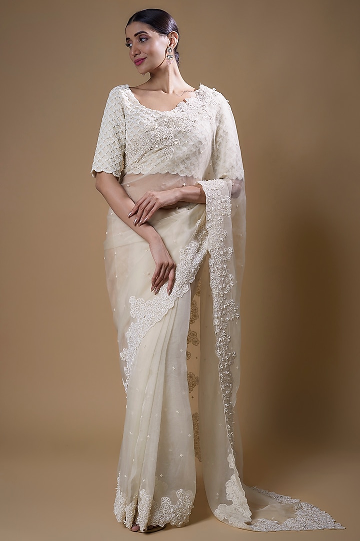 Ivory Organza Embroidered Wedding Saree Set by COUTURE BY NIHARIKA at Pernia's Pop Up Shop