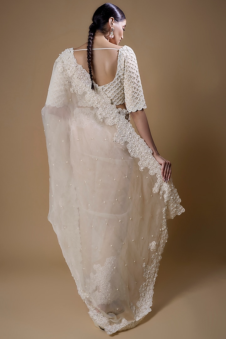 Ivory Organza Embroidered Wedding Saree Set by COUTURE BY NIHARIKA at Pernia's Pop Up Shop