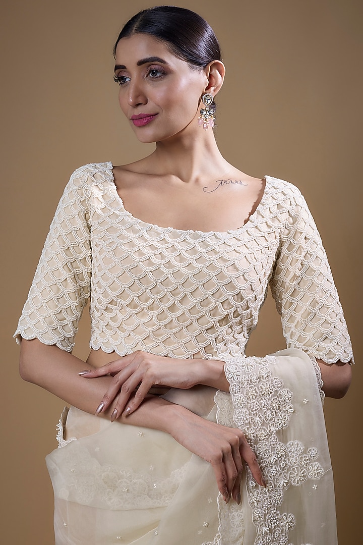Ivory Organza Embroidered Wedding Saree Set by COUTURE BY NIHARIKA at Pernia's Pop Up Shop