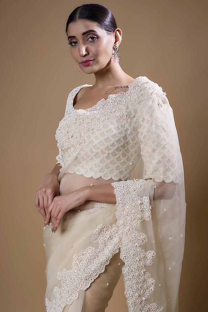 Ivory Organza Embroidered Saree Set by COUTURE BY NIHARIKA at Pernia's Pop Up Shop