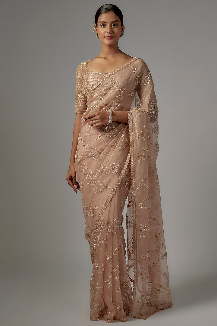 Peach Organza Floral Motif Embroidered Saree Set by COUTURE BY NIHARIKA at Pernia's Pop Up Shop