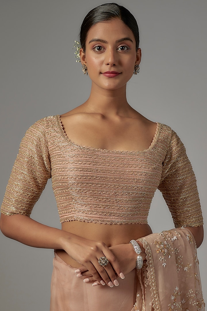 Peach Organza Floral Motif Embroidered Reception Saree Set by COUTURE BY NIHARIKA at Pernia's Pop Up Shop