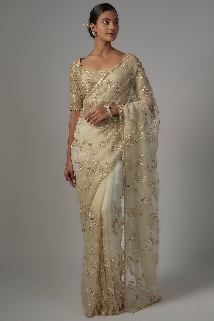 Ivory Organza Embroidered Saree Set by COUTURE BY NIHARIKA
