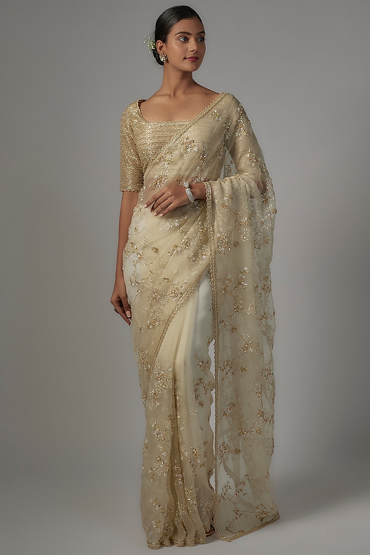 Ivory Organza Embroidered Saree Set by COUTURE BY NIHARIKA at Pernia's Pop Up Shop