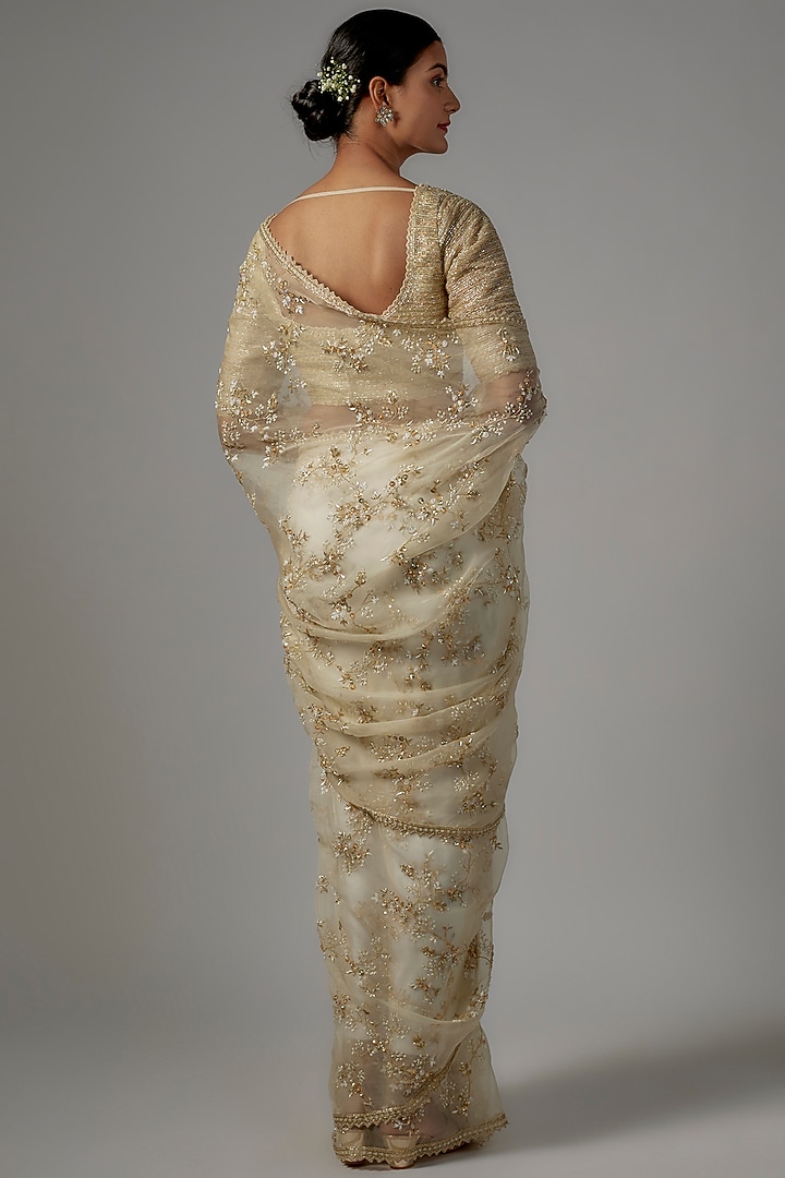 Ivory Organza Embroidered Reception Saree Set by COUTURE BY NIHARIKA at Pernia's Pop Up Shop