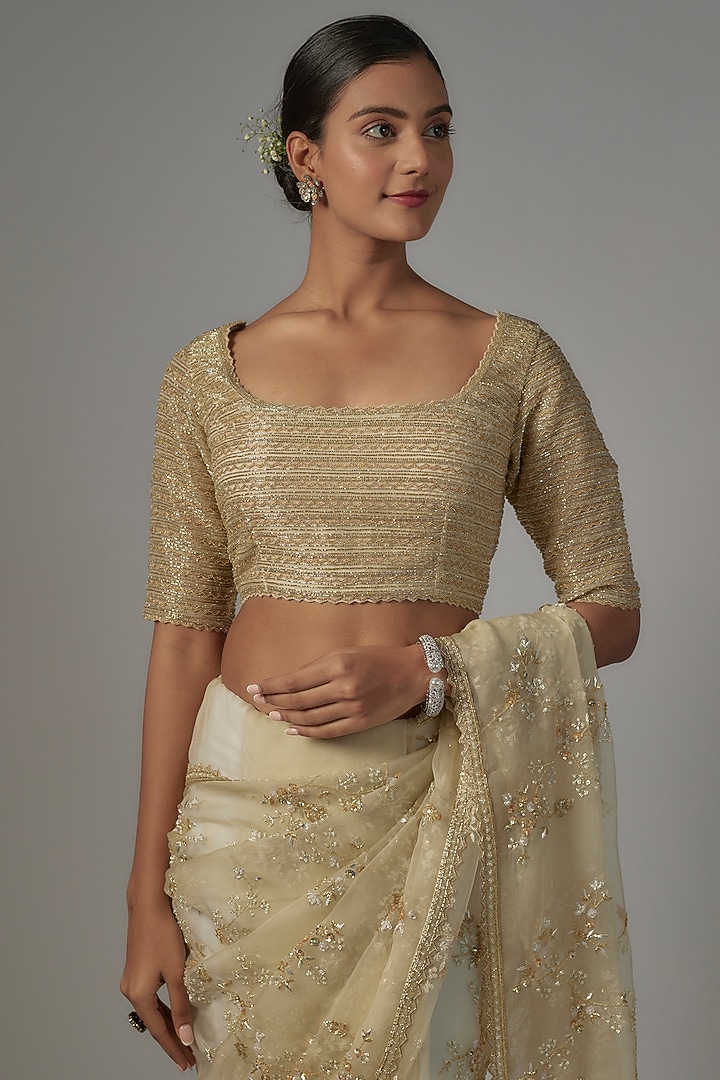 Ivory Organza Embroidered Reception Saree Set by COUTURE BY NIHARIKA at Pernia's Pop Up Shop
