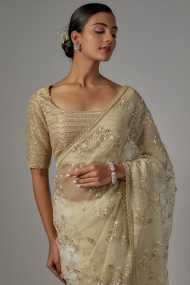 Ivory Organza Embroidered Reception Saree Set by COUTURE BY NIHARIKA at Pernia's Pop Up Shop