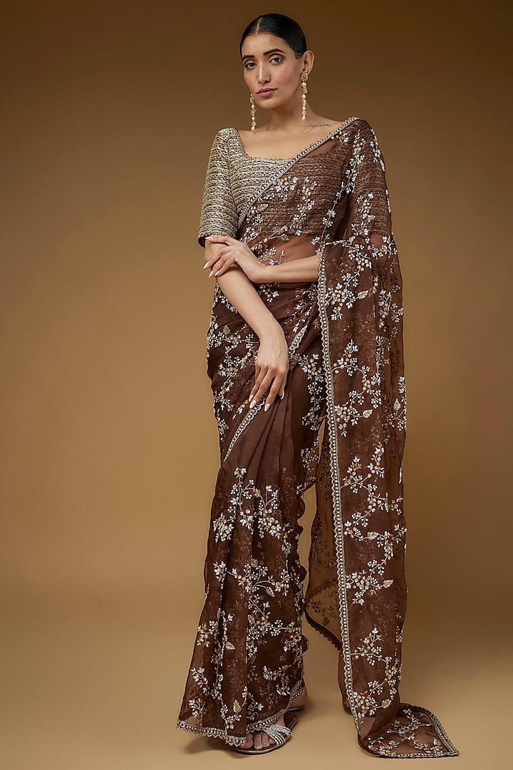 Brown Organza Embroidered Saree Set by COUTURE BY NIHARIKA
