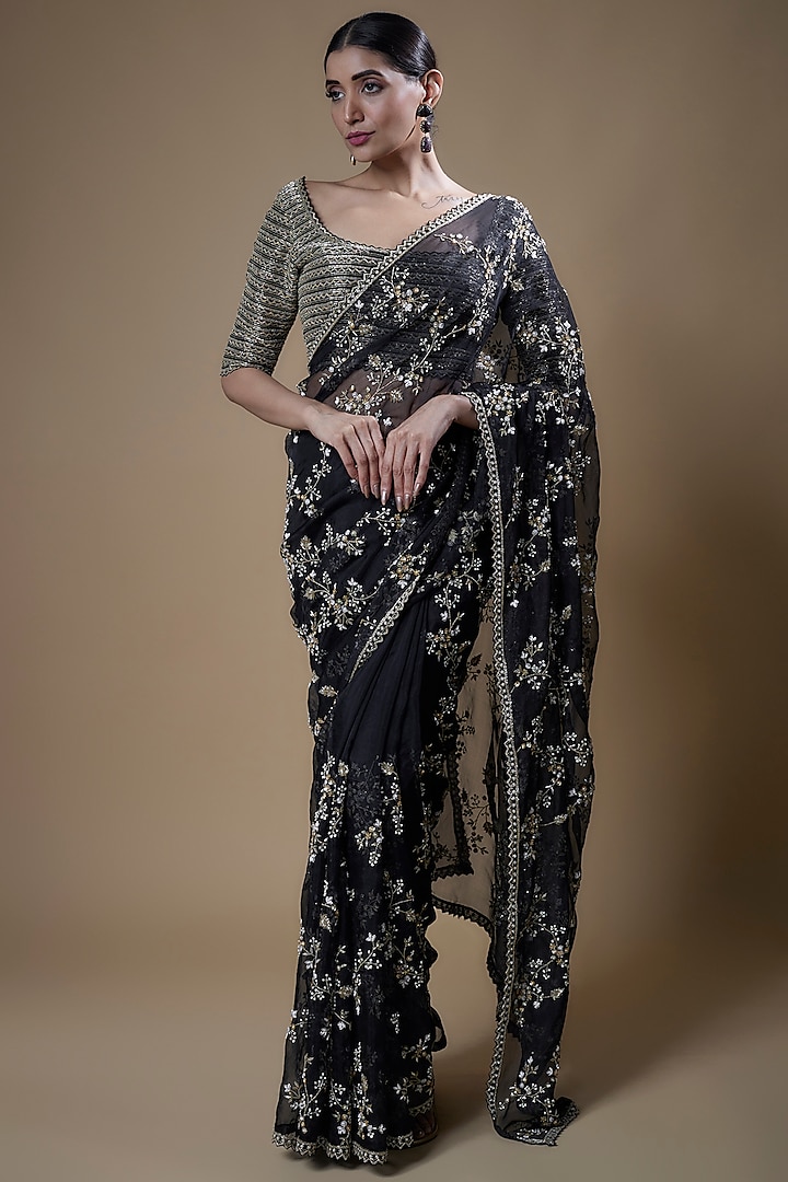 Black Organza Embroidered Saree Set by COUTURE BY NIHARIKA