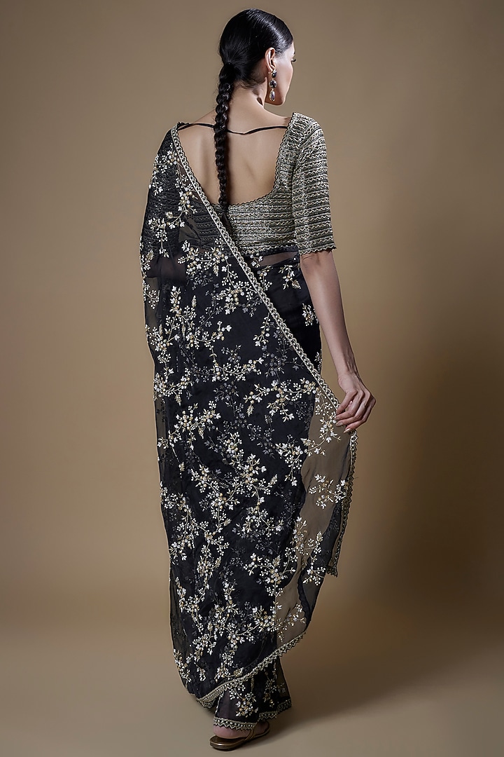 Black Organza Embroidered Reception Saree Set by COUTURE BY NIHARIKA at Pernia's Pop Up Shop