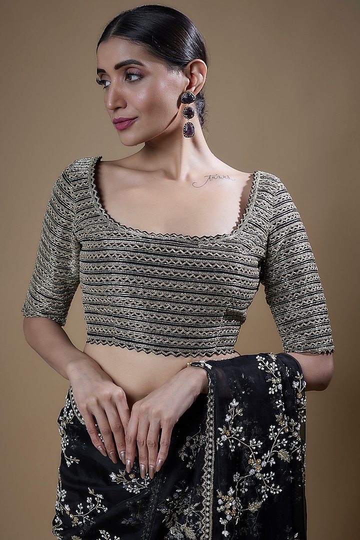 Black Organza Embroidered Reception Saree Set by COUTURE BY NIHARIKA at Pernia's Pop Up Shop