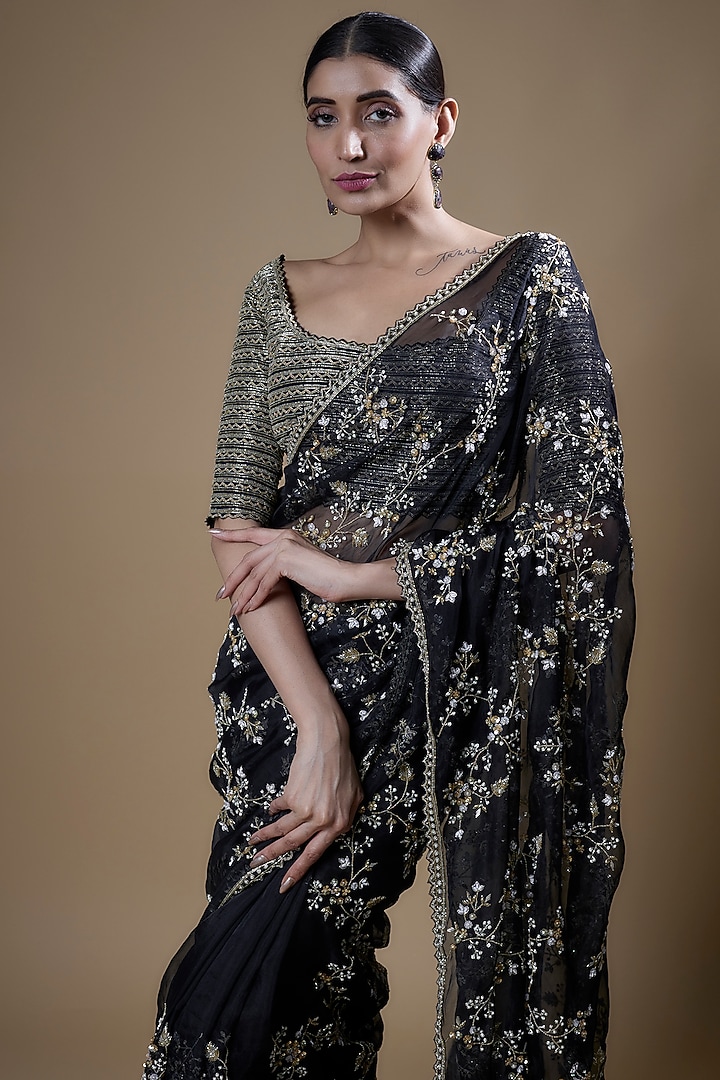 Black Organza Embroidered Reception Saree Set by COUTURE BY NIHARIKA at Pernia's Pop Up Shop