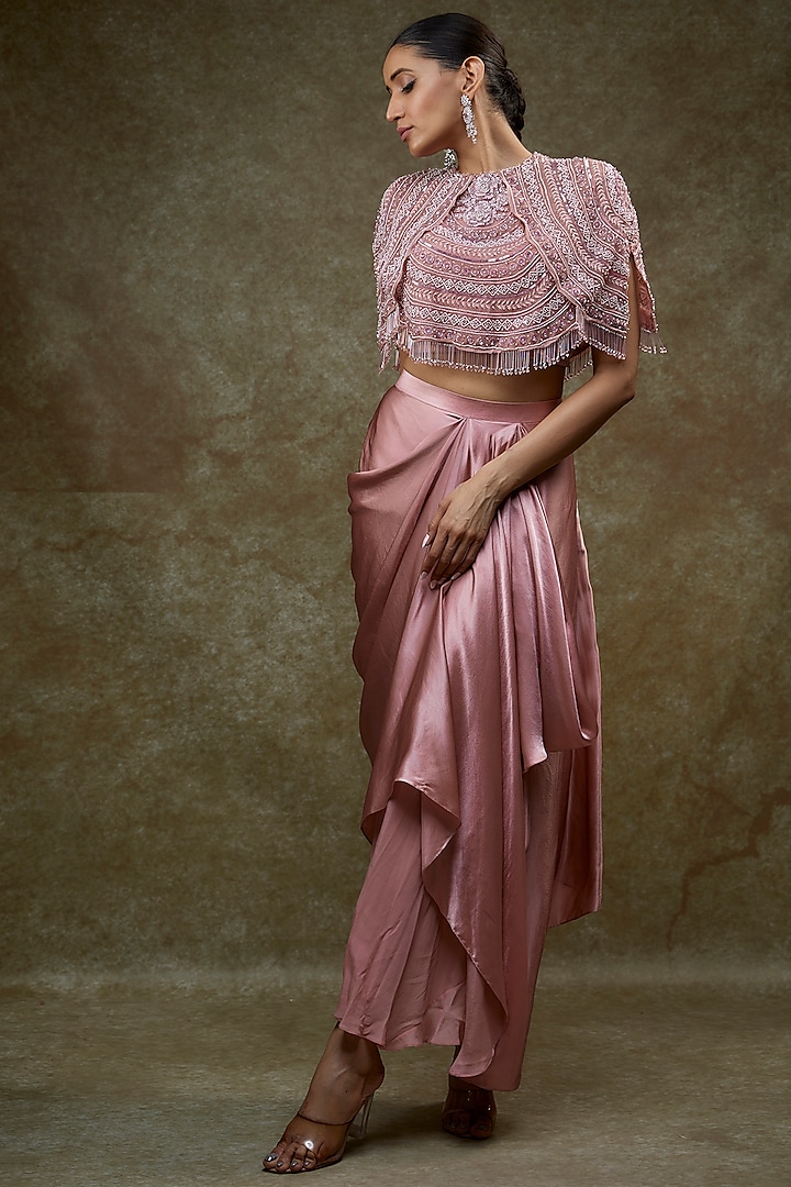 Blush Pink Viscose Embroidered Cape Set by COUTURE BY NIHARIKA at Pernia's Pop Up Shop