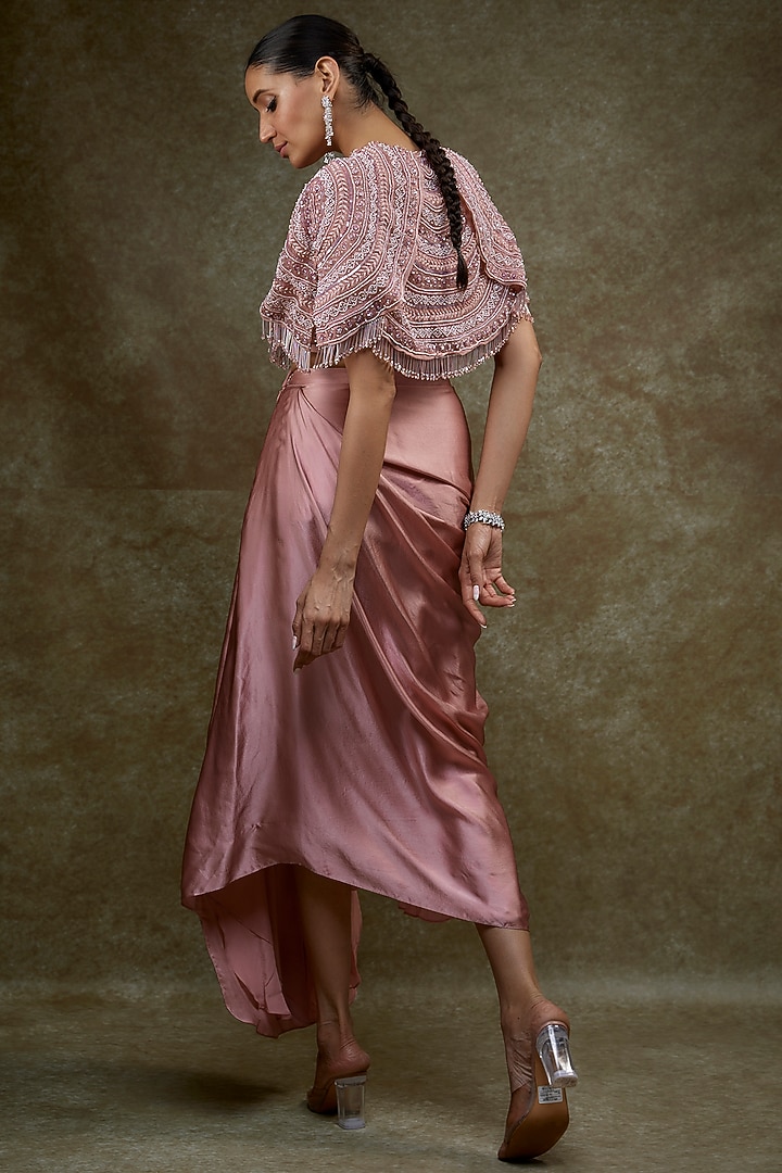 Blush Pink Viscose Embroidered Cape Set by COUTURE BY NIHARIKA at Pernia's Pop Up Shop