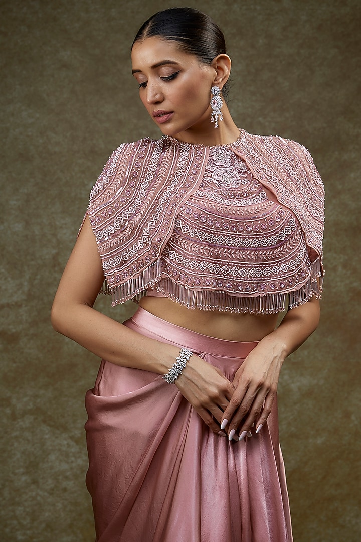 Blush Pink Viscose Embroidered Cape Set by COUTURE BY NIHARIKA at Pernia's Pop Up Shop