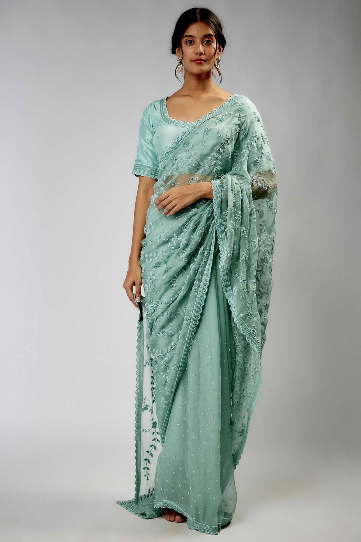 Aqua Blue Chiffon Saree – Nitika Gujral