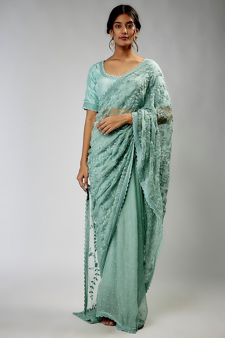 Aqua Blue Organza & Chinese Silk Embroidered Saree Set by COUTURE BY NIHARIKA at Pernia's Pop Up Shop