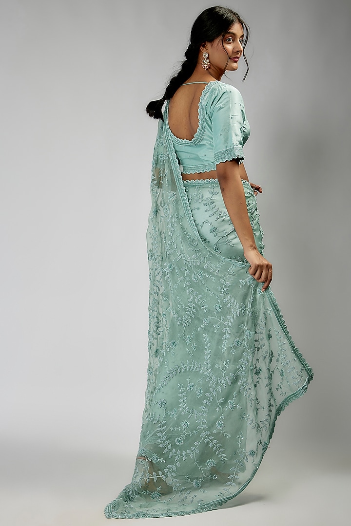 Aqua Blue Organza & Chinese Silk Embroidered Reception Saree Set by COUTURE BY NIHARIKA at Pernia's Pop Up Shop
