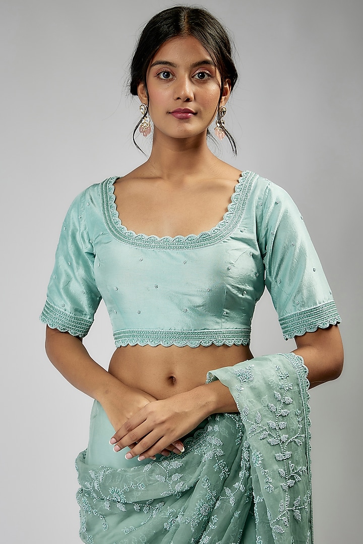 Aqua Blue Organza & Chinese Silk Embroidered Reception Saree Set by COUTURE BY NIHARIKA at Pernia's Pop Up Shop