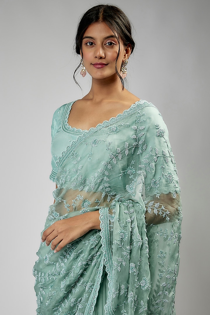 Aqua Blue Organza & Chinese Silk Embroidered Reception Saree Set by COUTURE BY NIHARIKA at Pernia's Pop Up Shop