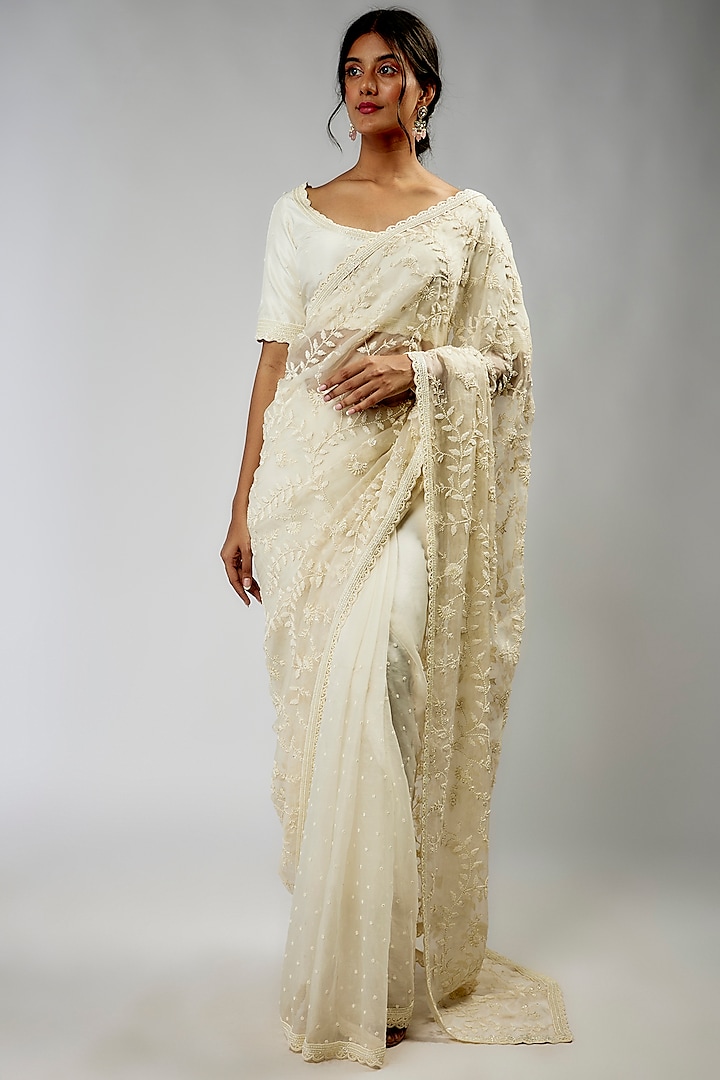 Ivory Organza & Chinese Silk Embroidered Saree Set by COUTURE BY NIHARIKA at Pernia's Pop Up Shop