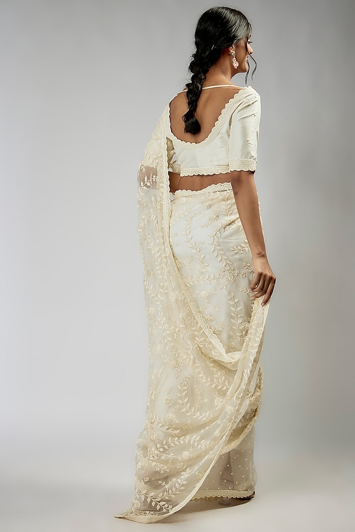 Ivory Organza & Chinese Silk Embroidered Reception Saree Set by COUTURE BY NIHARIKA at Pernia's Pop Up Shop