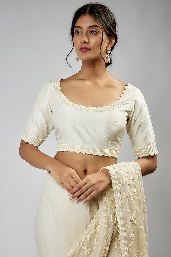 Ivory Organza & Chinese Silk Embroidered Reception Saree Set by COUTURE BY NIHARIKA at Pernia's Pop Up Shop