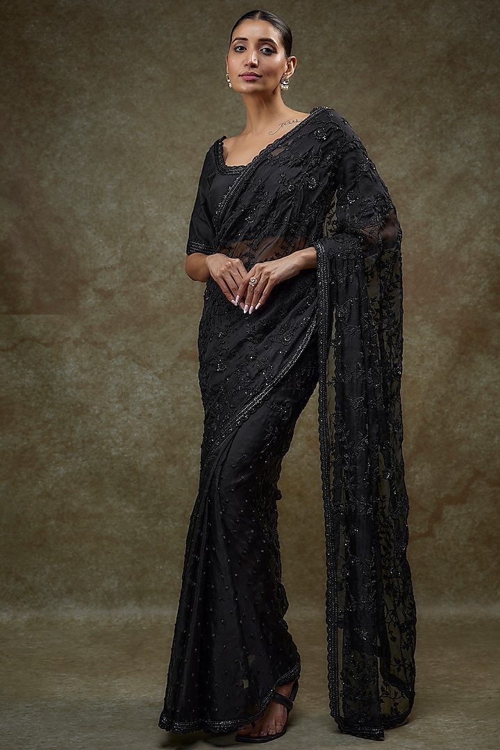 Black Organza Embroidered Saree Set by COUTURE BY NIHARIKA at Pernia's Pop Up Shop