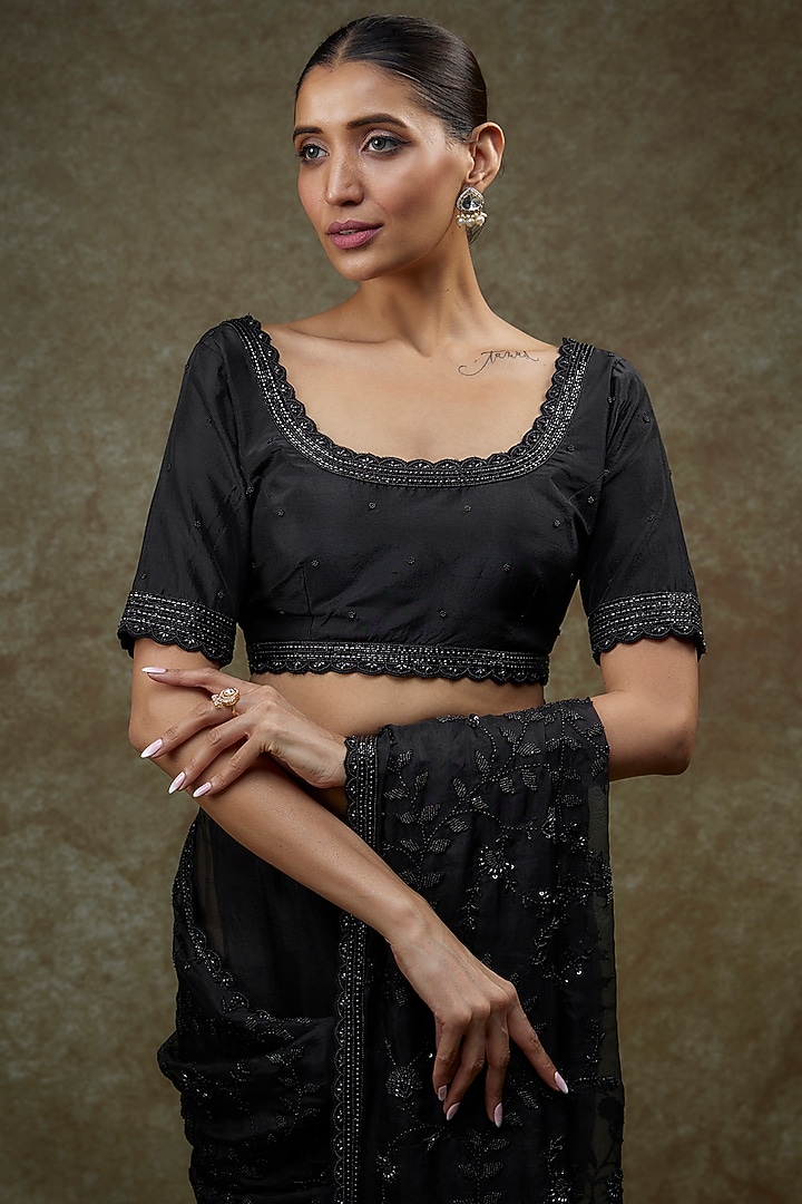 Black Organza Embroidered Reception Saree Set by COUTURE BY NIHARIKA at Pernia's Pop Up Shop