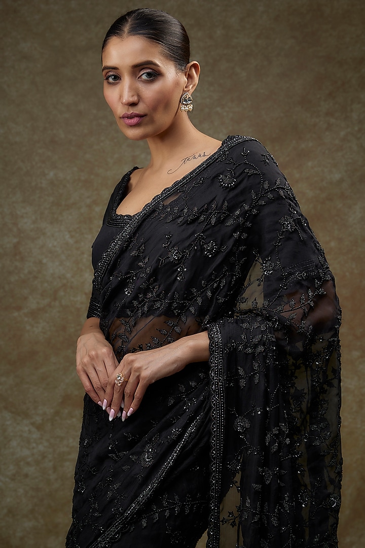 Black Organza Embroidered Reception Saree Set by COUTURE BY NIHARIKA at Pernia's Pop Up Shop