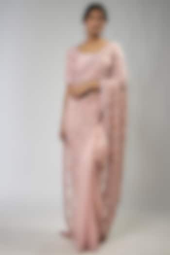 Blush Pink Organza & Chinese Silk Embroidered Reception Saree Set by COUTURE BY NIHARIKA at Pernia's Pop Up Shop