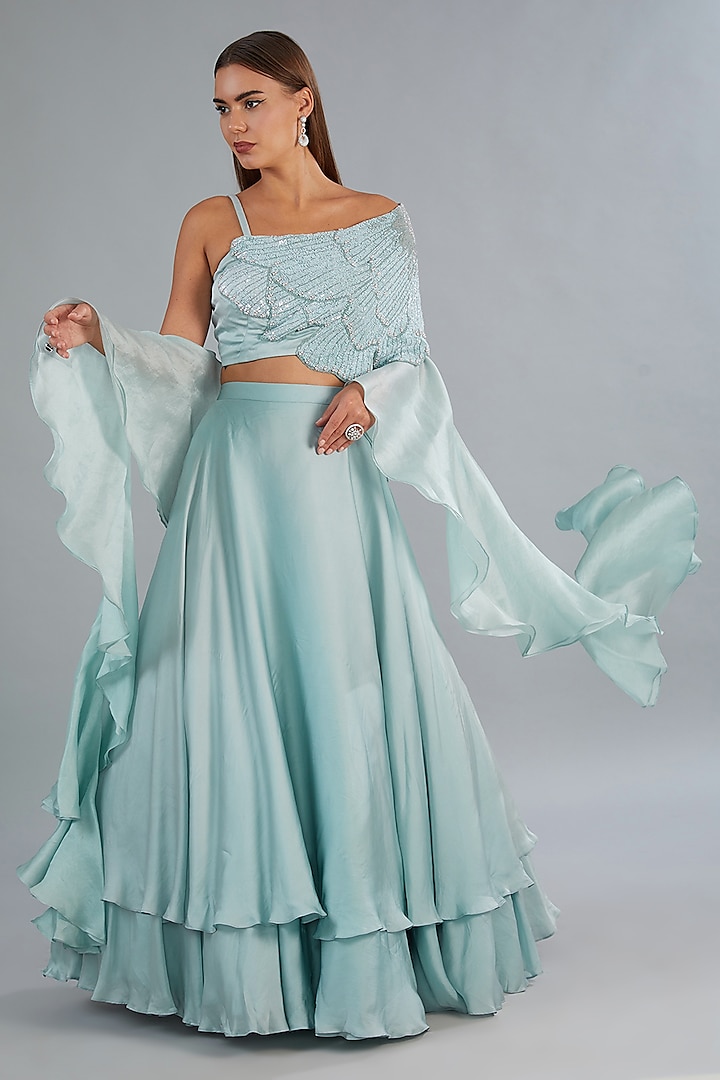 Aqua Blue Art Satin Organza Wedding Lehenga Set by COUTURE BY NIHARIKA at Pernia's Pop Up Shop