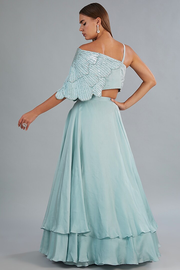 Aqua Blue Art Satin Organza Wedding Lehenga Set by COUTURE BY NIHARIKA at Pernia's Pop Up Shop
