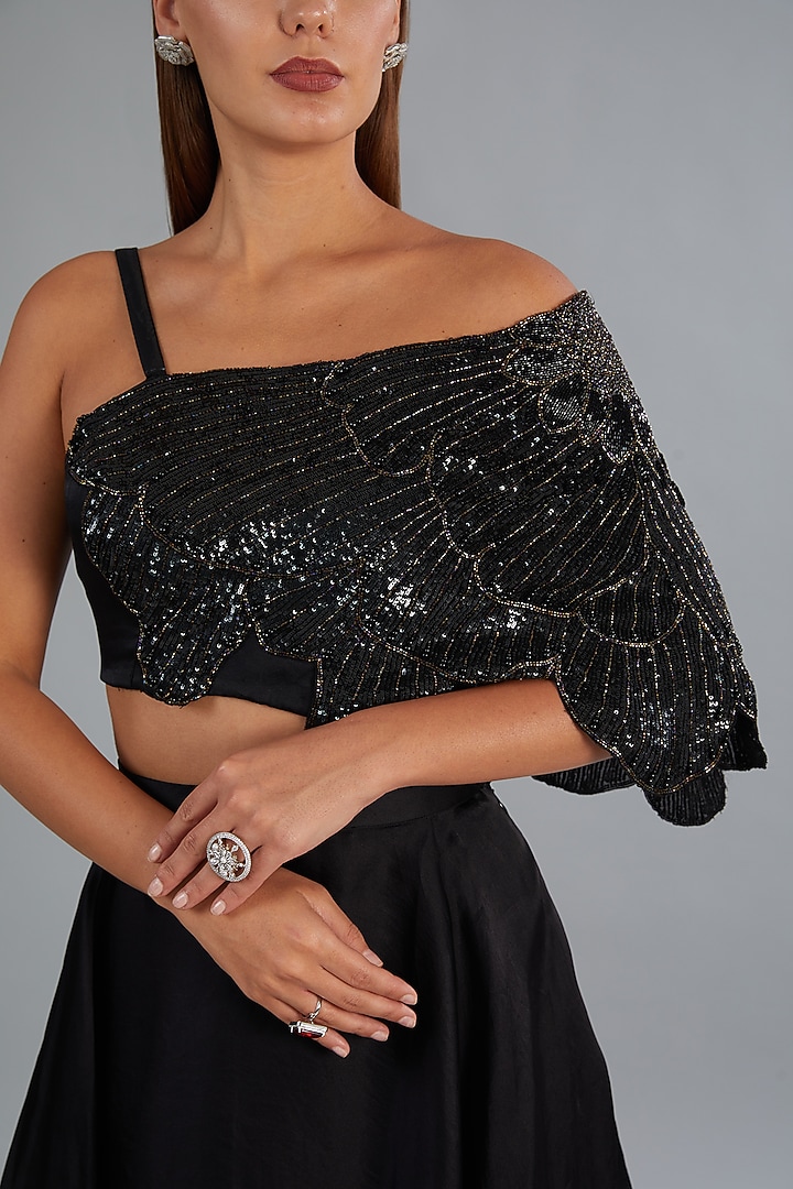 Black Art Satin Organza Wedding Lehenga Set by COUTURE BY NIHARIKA at Pernia's Pop Up Shop