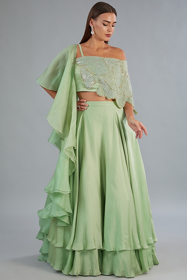 Mint Green Art Satin Organza Wedding Lehenga Set by COUTURE BY NIHARIKA at Pernia's Pop Up Shop