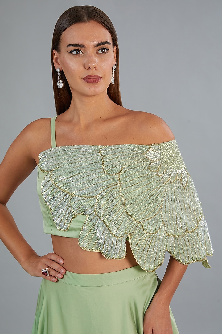 Mint Green Art Satin Organza Wedding Lehenga Set by COUTURE BY NIHARIKA at Pernia's Pop Up Shop