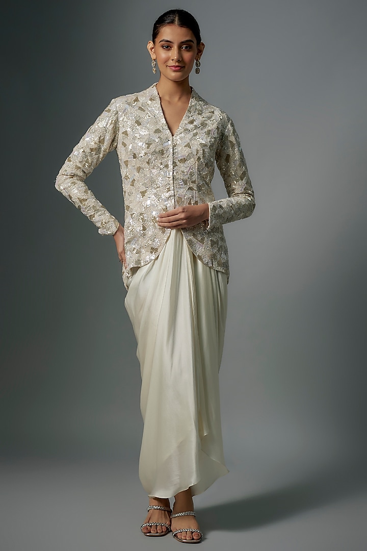 Ivory Organza & Satin Embroidered Jacket Set by COUTURE BY NIHARIKA at Pernia's Pop Up Shop