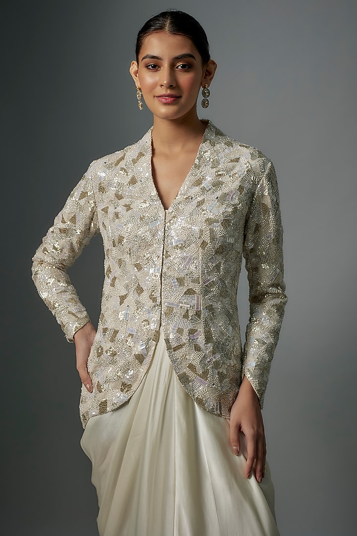 Ivory Organza & Satin Embroidered Jacket Set by COUTURE BY NIHARIKA at Pernia's Pop Up Shop