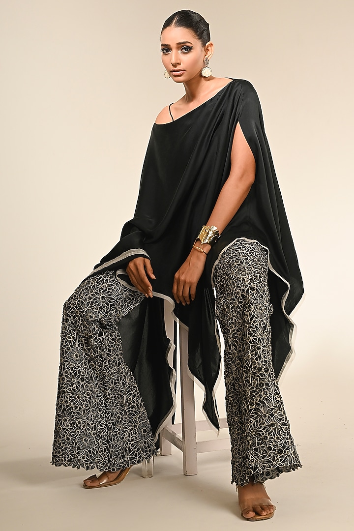 Black Pure Satin & Organza Kaftan Set by COUTURE BY NIHARIKA at Pernia's Pop Up Shop