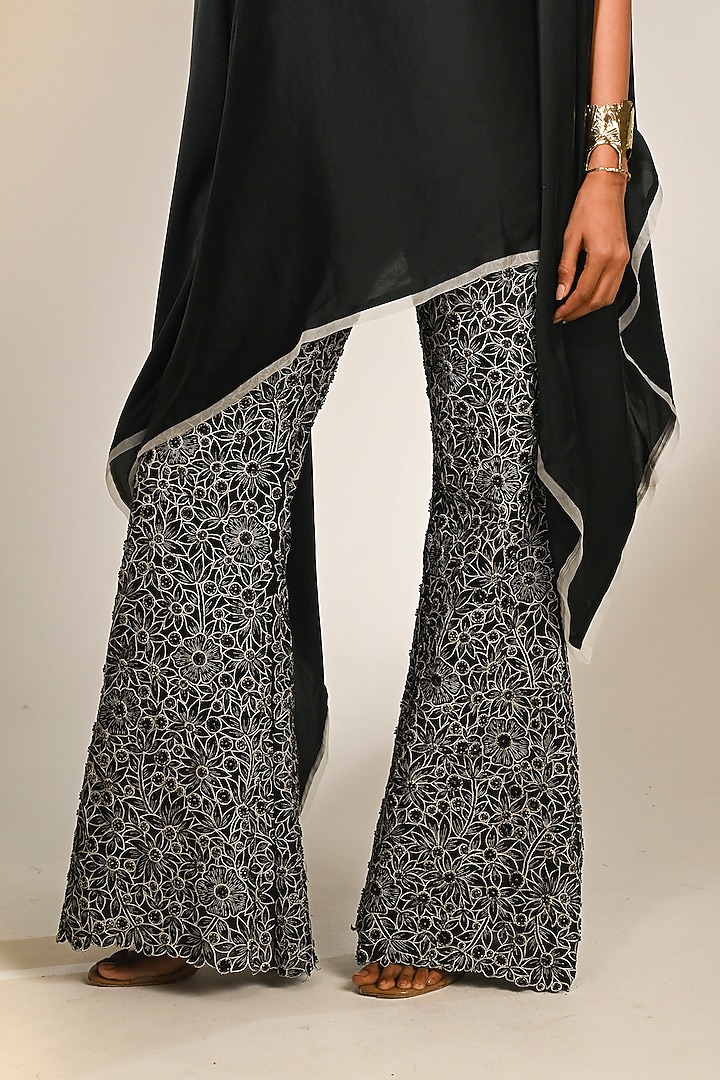 Black Pure Satin & Organza Kaftan Set by COUTURE BY NIHARIKA at Pernia's Pop Up Shop