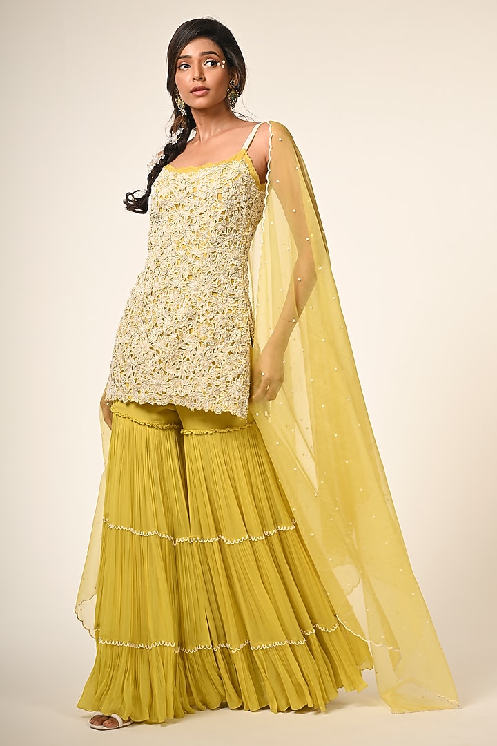 Yellow Organza & Viscose Georgette Layered Bridal Sharara Set by COUTURE BY NIHARIKA at Pernia's Pop Up Shop